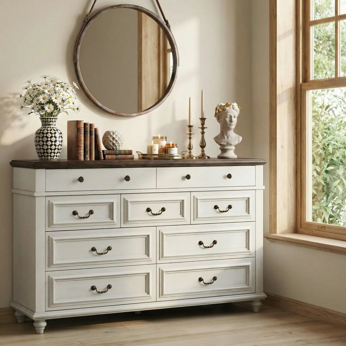 Discover the Willowridge Farmhouse Dresser by Eric Woodworks. A white 9-drawer dresser with carved panel detailing, generous storage, and timeless farmhouse design.